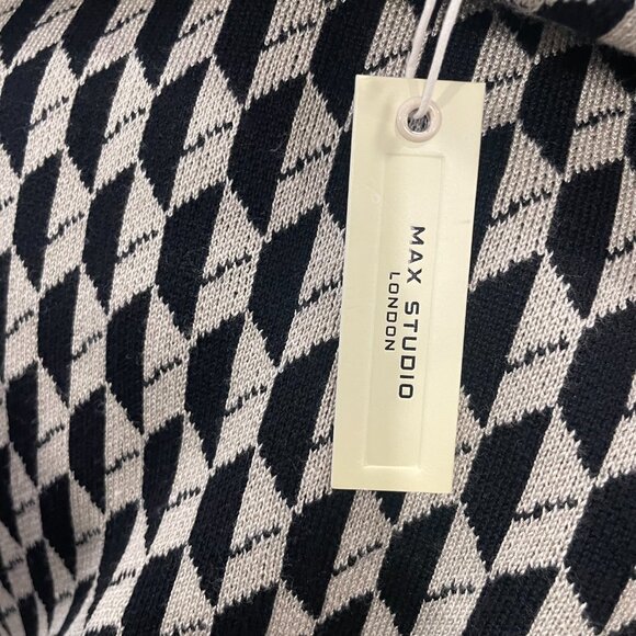 MAX STUDIO M Black Beige Diamond Knit Mock Neck Sweater Top Preppy Vintage Retro - Picture 9 of 9